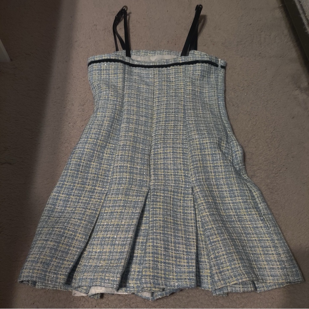 CIDER Lady Blue Pleated Mini Dress & Cropped Blazer Blue Tweed Set Black Trim S - Picture 12 of 14